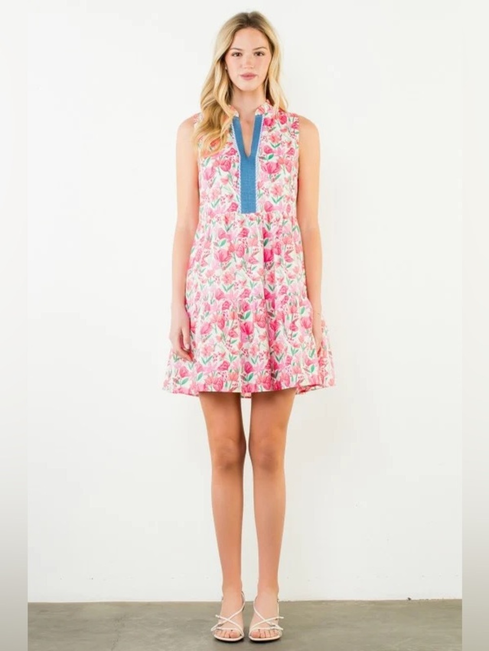 THML Sleeveless v neck Planting Promises pink floral Leaf Shift Dress small